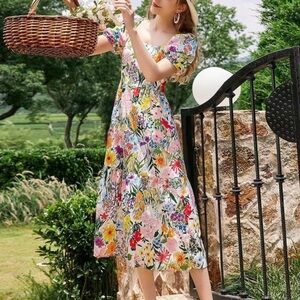 Women’s Floral Print Ruffle Hem Vintage Dress
